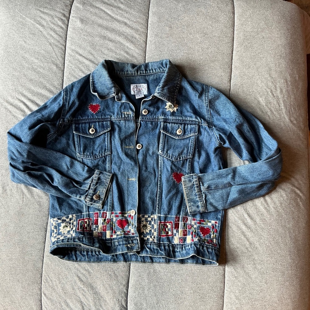 Vintage Carolina Blues Denim Jacket Hearts Embroidery‎ Patchwork Womens Size M